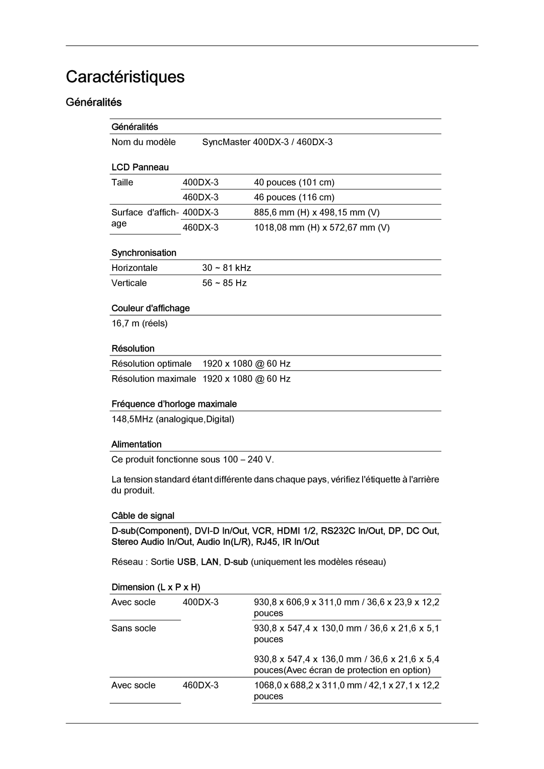 Samsung LH40CSPLBC/EN, LH46CSPLBC/EN manual Généralités 