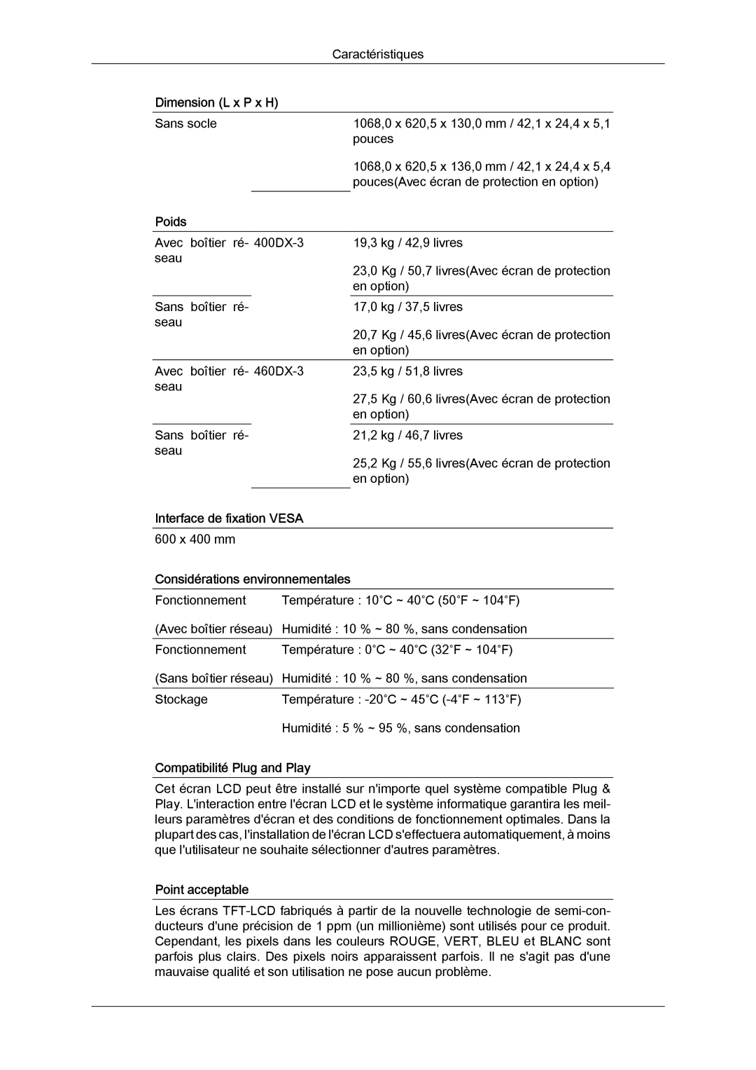 Samsung LH46CSPLBC/EN manual Interface de fixation Vesa, Considérations environnementales, Compatibilité Plug and Play 