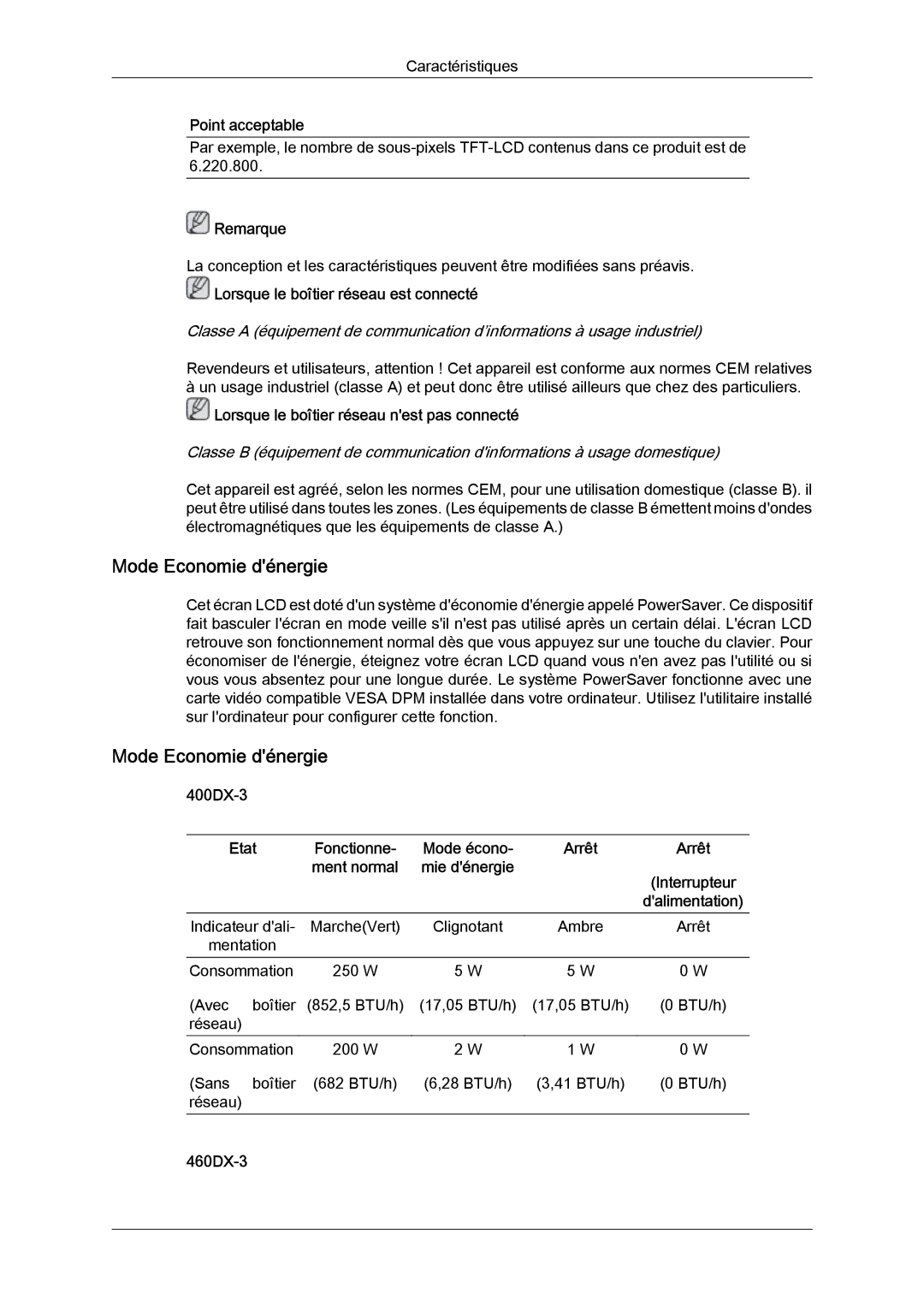 Samsung LH40CSPLBC/EN, LH46CSPLBC/EN Mode Economie dénergie, Lorsque le boîtier réseau est connecté, 400DX-3 Etat, 460DX-3 