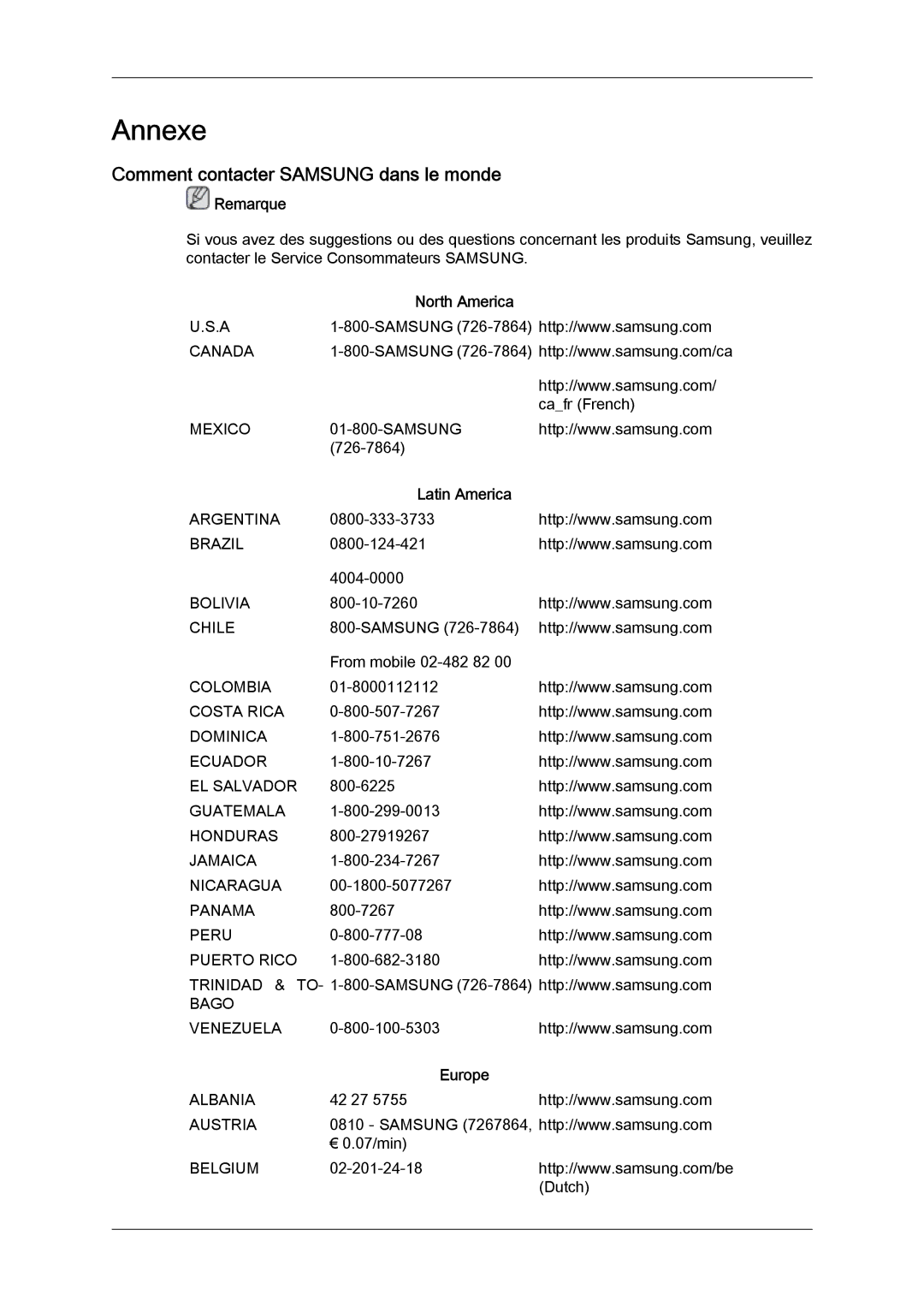 Samsung LH46CSPLBC/EN, LH40CSPLBC/EN manual Comment contacter Samsung dans le monde, North America, Latin America, Europe 