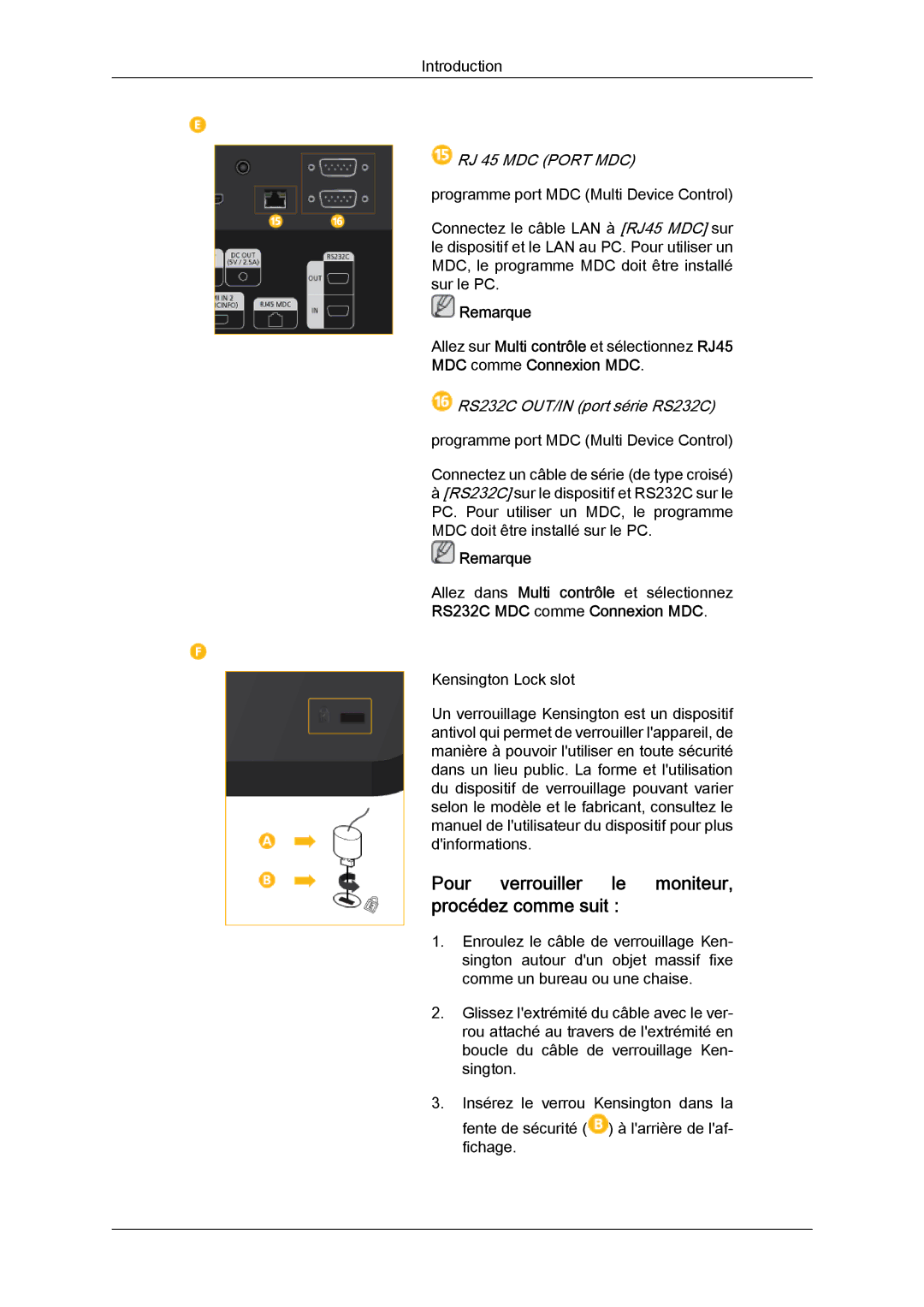 Samsung LH40CSPLBC/EN, LH46CSPLBC/EN manual Pour verrouiller le moniteur, procédez comme suit, RJ 45 MDC Port MDC 