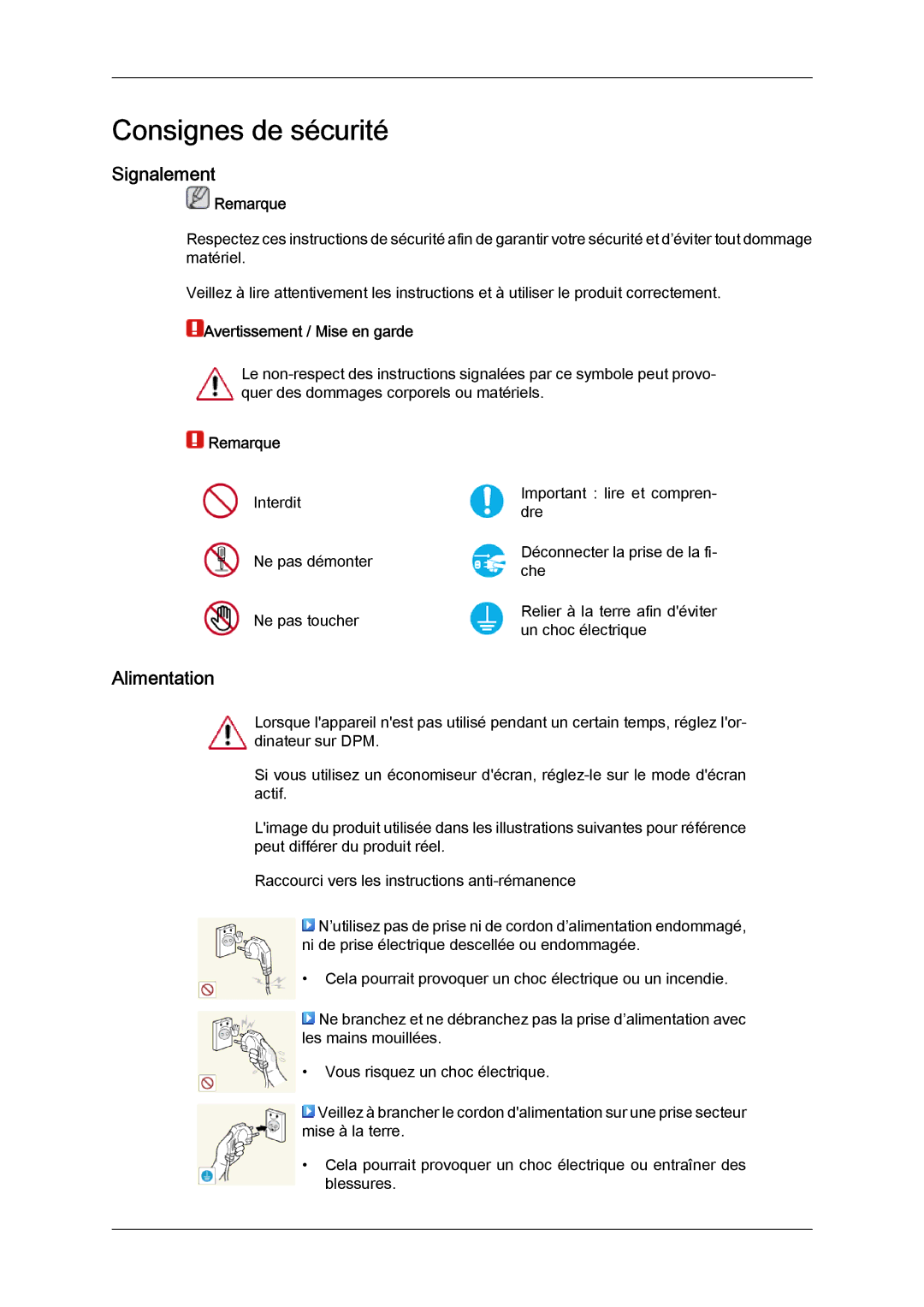 Samsung LH46CSPLBC/EN, LH40CSPLBC/EN manual Signalement, Alimentation, Remarque, Avertissement / Mise en garde 