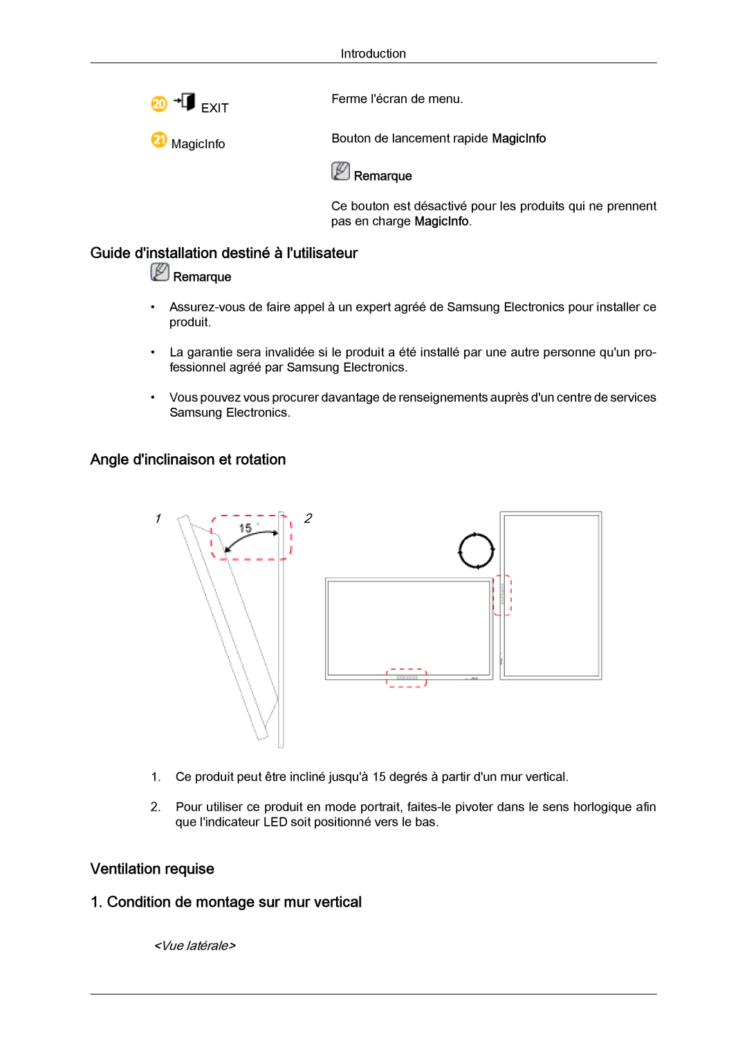 Samsung LH46CSPLBC/EN, LH40CSPLBC/EN manual Guide dinstallation destiné à lutilisateur, Angle dinclinaison et rotation 