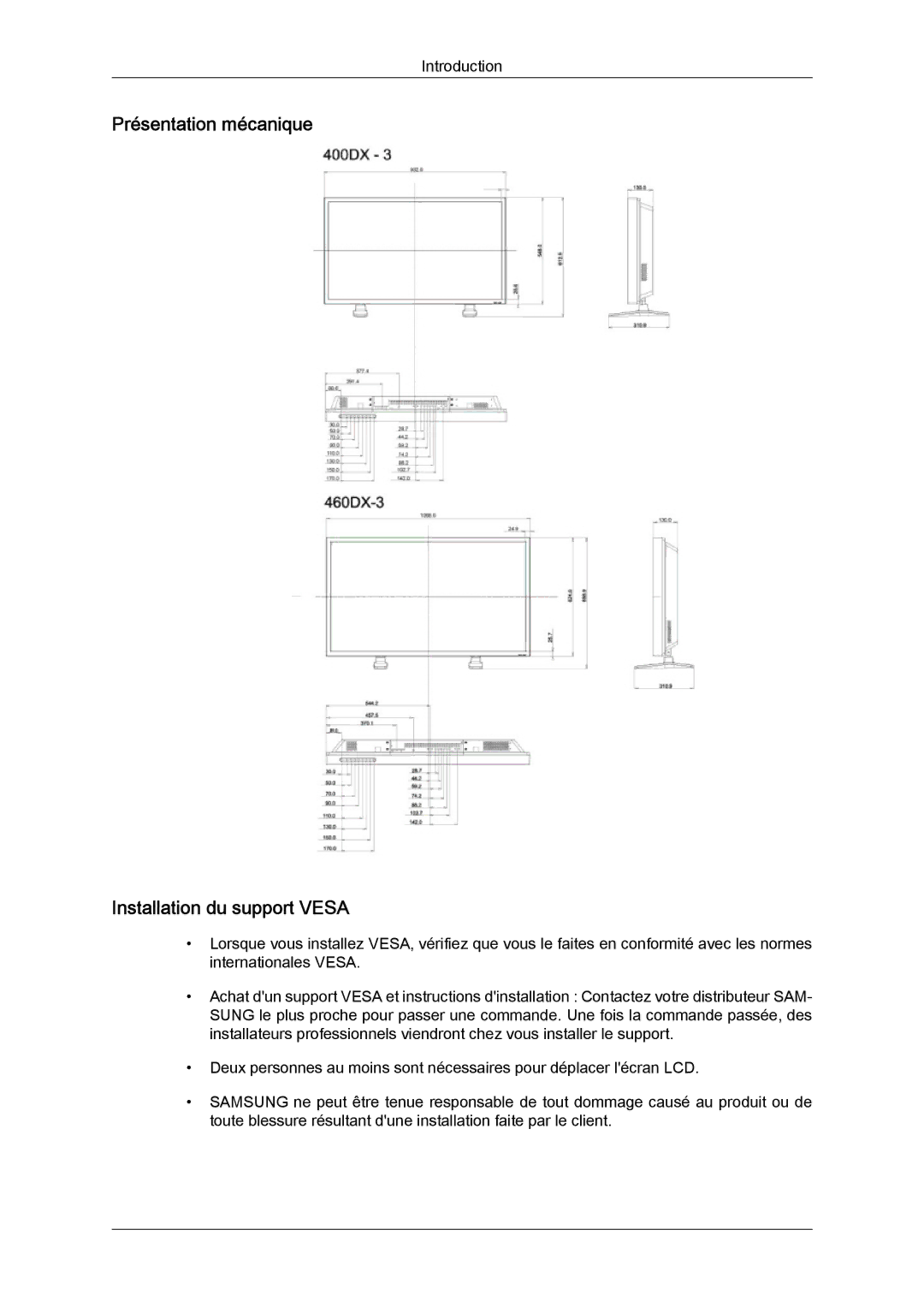 Samsung LH40CSPLBC/EN, LH46CSPLBC/EN manual Présentation mécanique Installation du support Vesa 