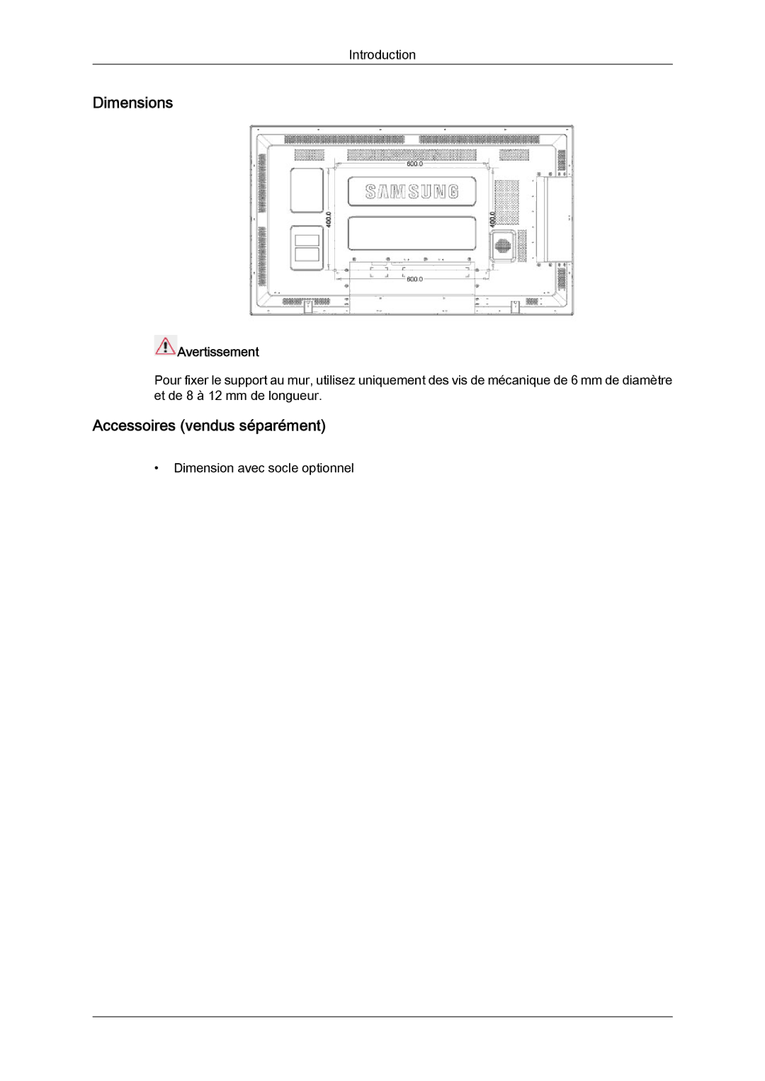 Samsung LH46CSPLBC/EN, LH40CSPLBC/EN manual Dimensions, Accessoires vendus séparément, Avertissement 