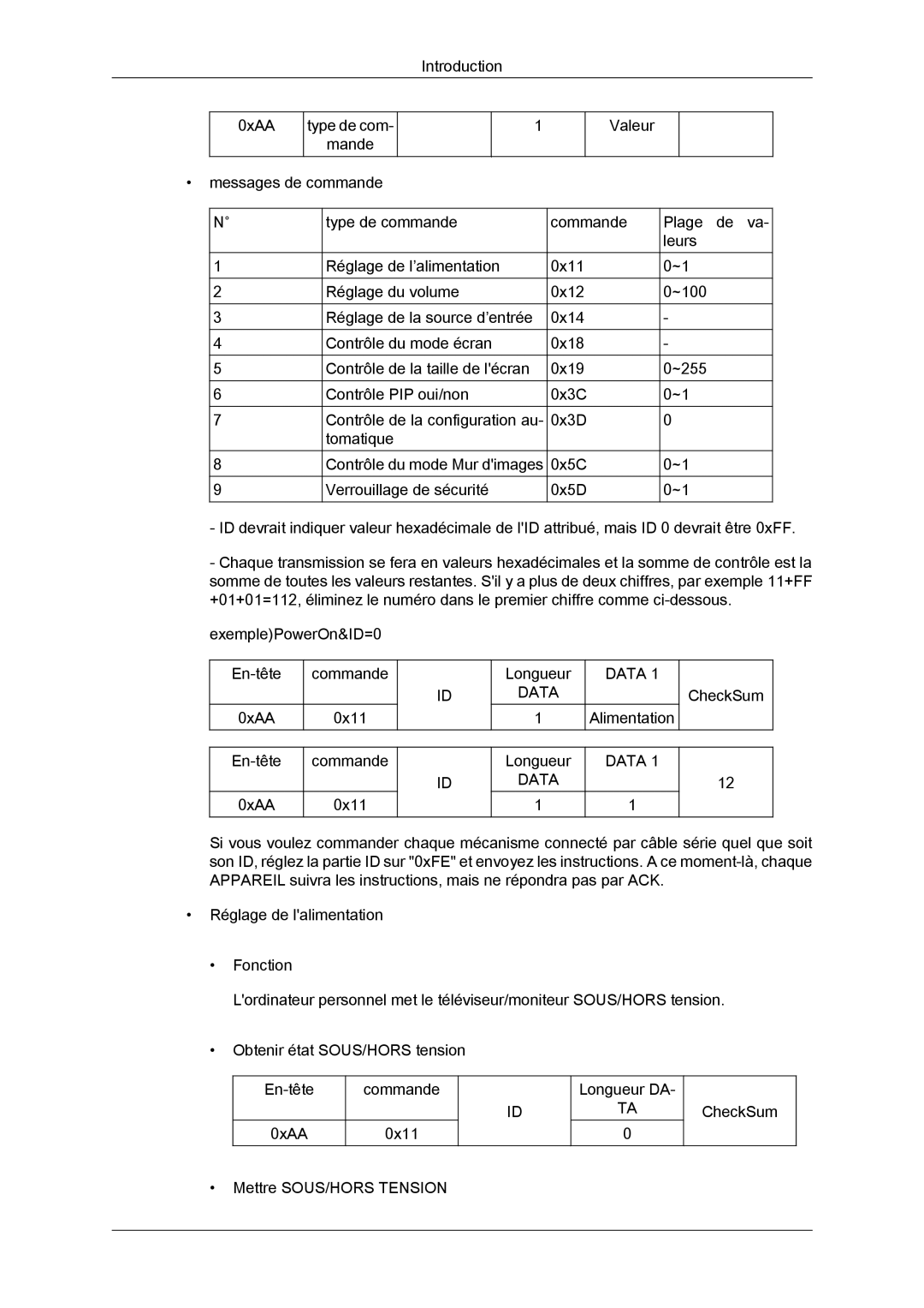 Samsung LH40CSPLBC/EN, LH46CSPLBC/EN manual Alimentation CheckSum En-tête 0xAA Commande 0x11 Longueur 