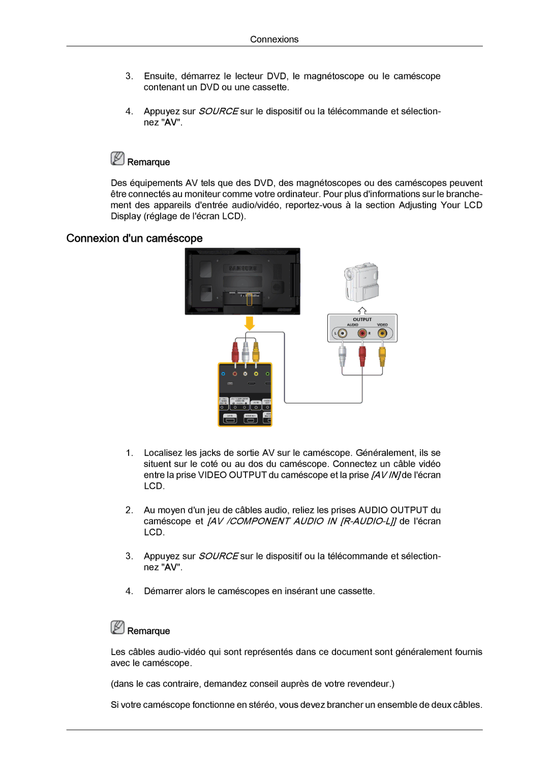 Samsung LH40CSPLBC/EN, LH46CSPLBC/EN manual Connexion dun caméscope 