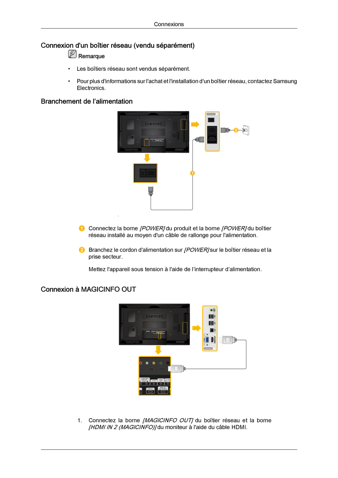 Samsung LH40CSPLBC/EN, LH46CSPLBC/EN manual Connexion dun boîtier réseau vendu séparément, Branchement de l’alimentation 