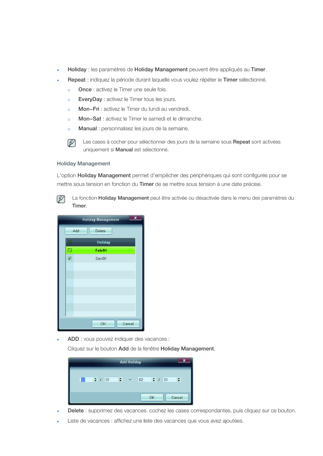 Samsung LH46CSPLBC/EN, LH40CSPLBC/EN manual Holiday Management 