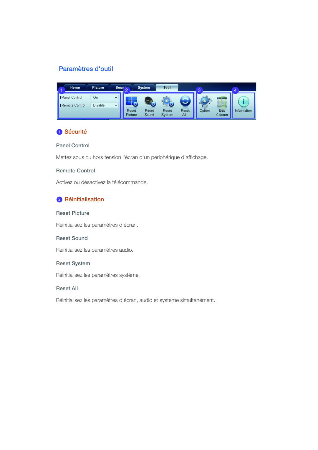 Samsung LH40CSPLBC/EN, LH46CSPLBC/EN manual Paramètres doutil, Réinitialisation 