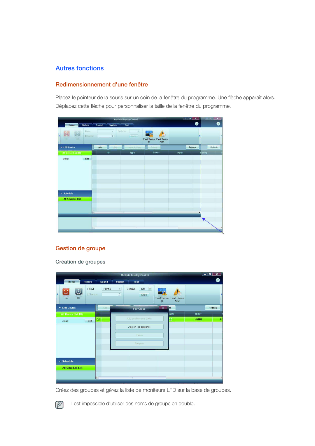 Samsung LH40CSPLBC/EN manual Autres fonctions, Redimensionnement dune fenêtre, Gestion de groupe, Création de groupes 