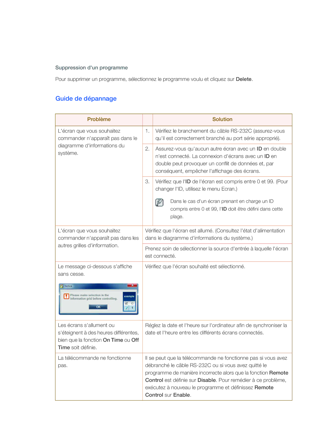 Samsung LH40CSPLBC/EN, LH46CSPLBC/EN manual Guide de dépannage, Suppression dun programme 