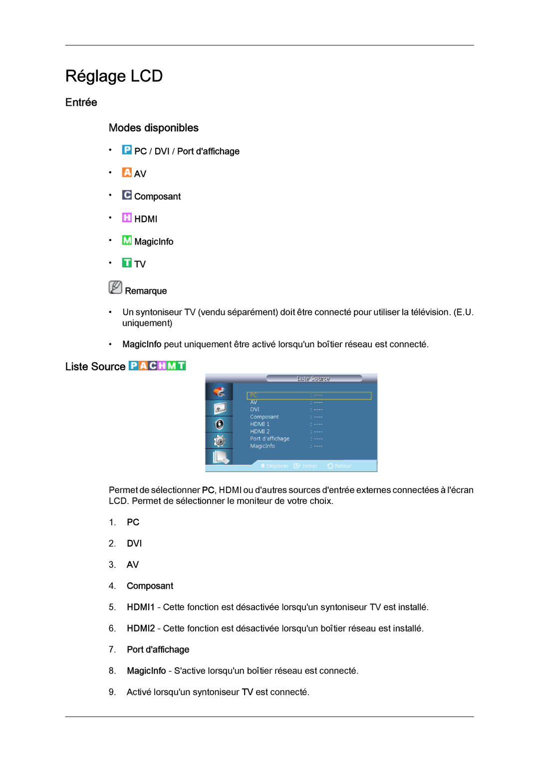 Samsung LH40CSPLBC/EN, LH46CSPLBC/EN manual Entrée Modes disponibles, Liste Source 