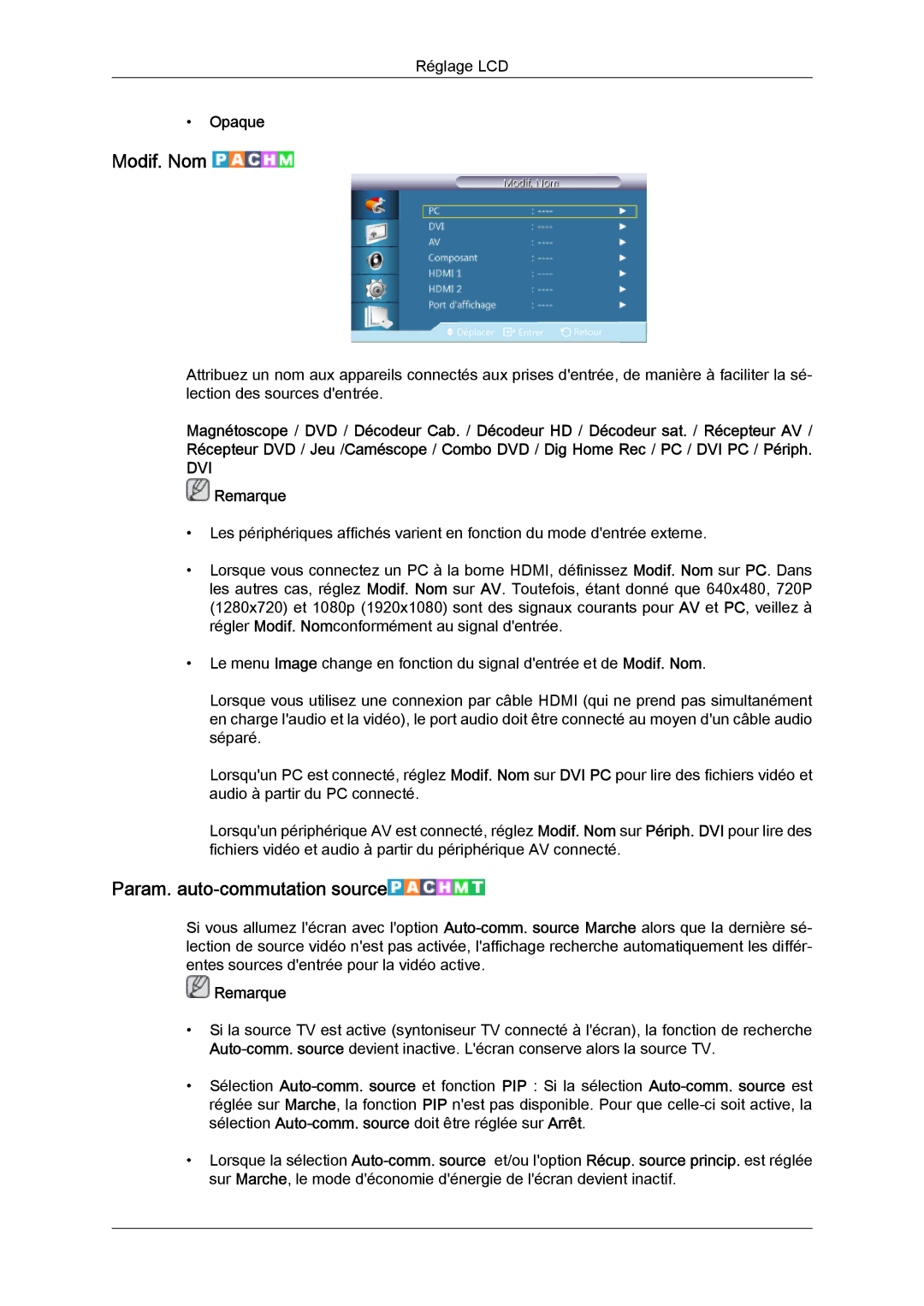 Samsung LH46CSPLBC/EN, LH40CSPLBC/EN manual Modif. Nom, Param. auto-commutation source, Opaque 