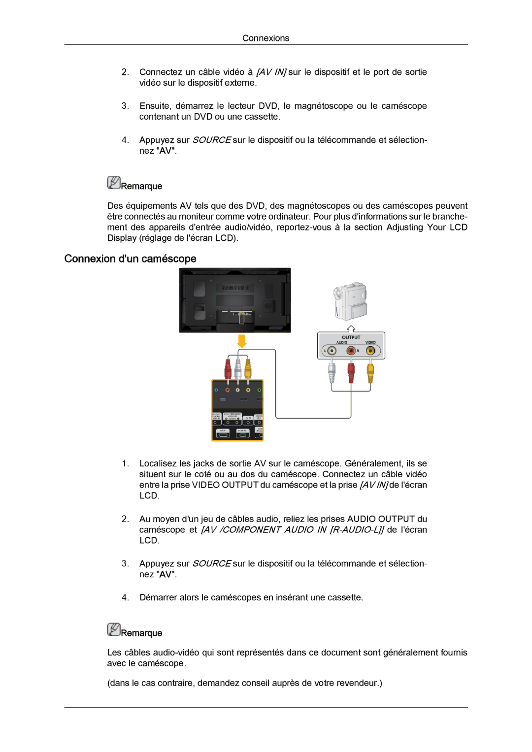 Samsung LH46CSPLBC/EN, LH40CSPLBC/EN manual Connexion dun caméscope 