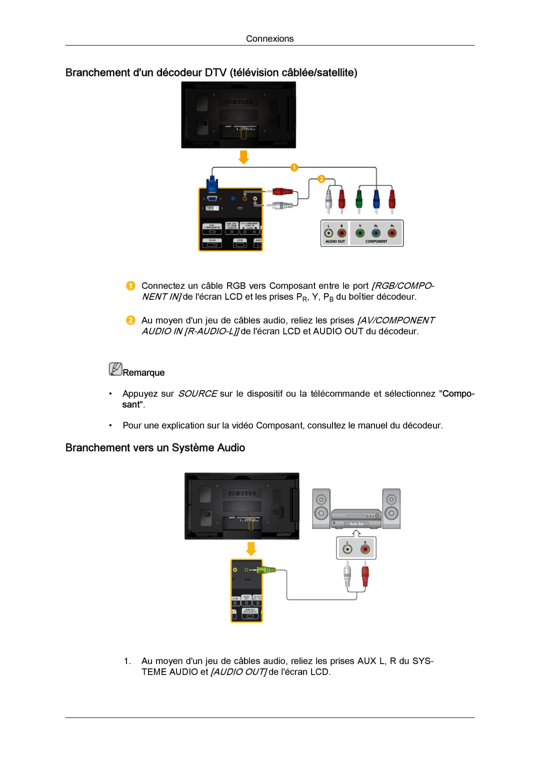 Samsung LH40CSPLBC/EN manual Branchement dun décodeur DTV télévision câblée/satellite, Branchement vers un Système Audio 