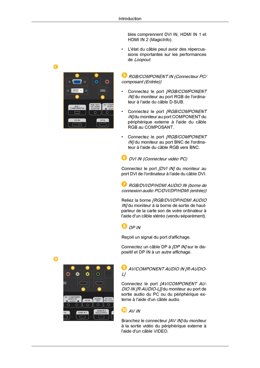 Samsung LH40CSPLBC/EN, LH46CSPLBC/EN manual RGB/COMPONENT in Connecteur PC/ composant Entrée, AV/COMPONENT Audio in R-AUDIO 