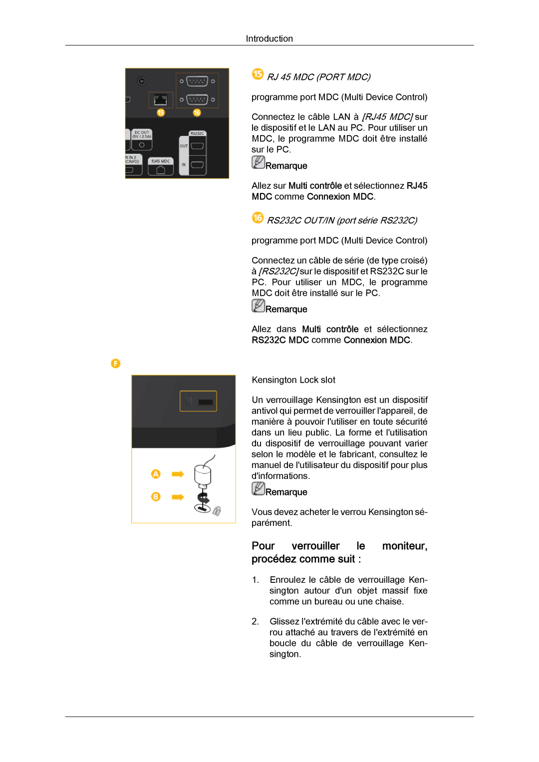 Samsung LH40CSPLBC/EN, LH46CSPLBC/EN manual Pour verrouiller le moniteur, procédez comme suit, RJ 45 MDC Port MDC 