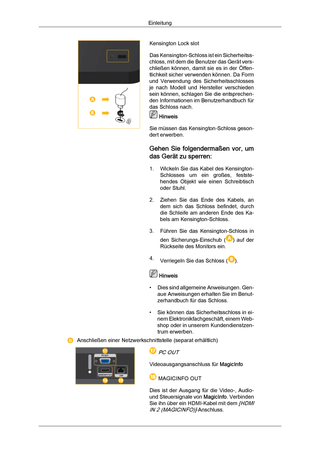 Samsung LH46CSPLBC/EN, LH40CSPLBC/EN manual Gehen Sie folgendermaßen vor, um das Gerät zu sperren, Pc Out 