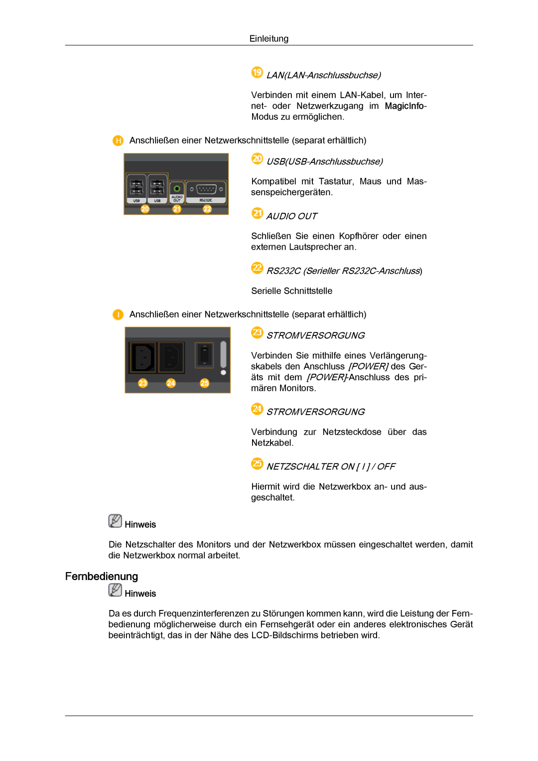 Samsung LH40CSPLBC/EN, LH46CSPLBC/EN manual Fernbedienung, Stromversorgung, Netzschalter on I / OFF 