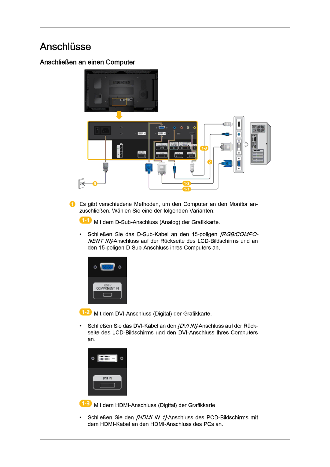 Samsung LH40CSPLBC/EN, LH46CSPLBC/EN manual Anschlüsse, Anschließen an einen Computer 