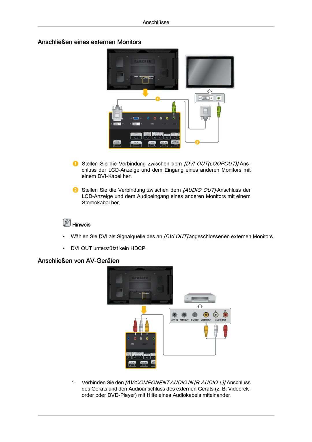 Samsung LH40CSPLBC/EN, LH46CSPLBC/EN manual Anschließen eines externen Monitors, Anschließen von AV-Geräten 