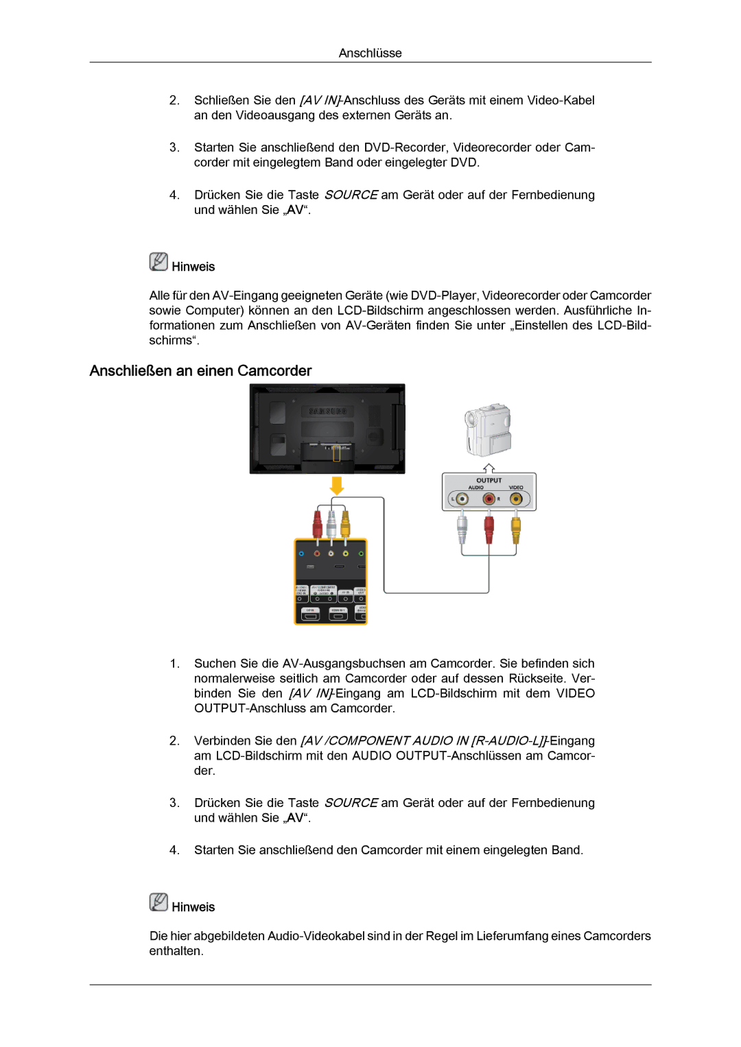 Samsung LH46CSPLBC/EN, LH40CSPLBC/EN manual Anschließen an einen Camcorder 