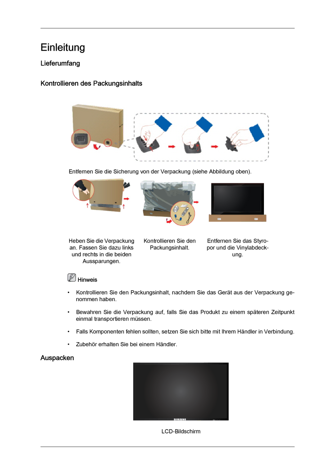 Samsung LH46CSPLBC/EN, LH40CSPLBC/EN manual Lieferumfang Kontrollieren des Packungsinhalts, Auspacken, Hinweis 