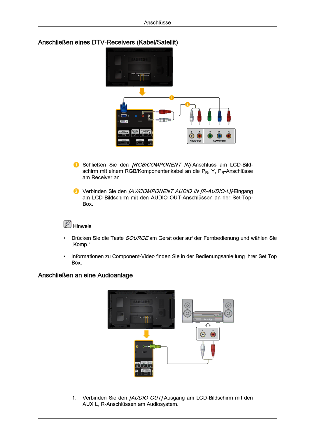 Samsung LH40CSPLBC/EN, LH46CSPLBC/EN manual Anschließen eines DTV-Receivers Kabel/Satellit, Anschließen an eine Audioanlage 