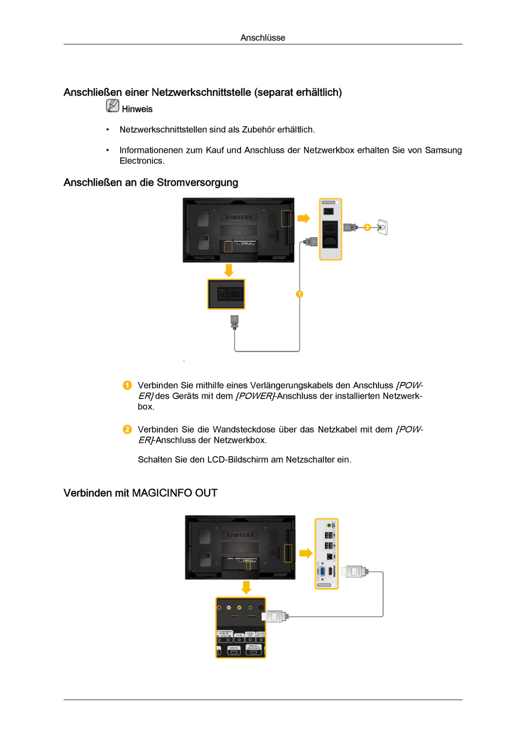 Samsung LH46CSPLBC/EN manual Anschließen einer Netzwerkschnittstelle separat erhältlich, Anschließen an die Stromversorgung 