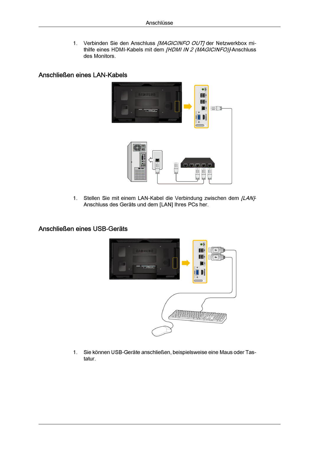 Samsung LH40CSPLBC/EN, LH46CSPLBC/EN manual Anschließen eines LAN-Kabels, Anschließen eines USB-Geräts 