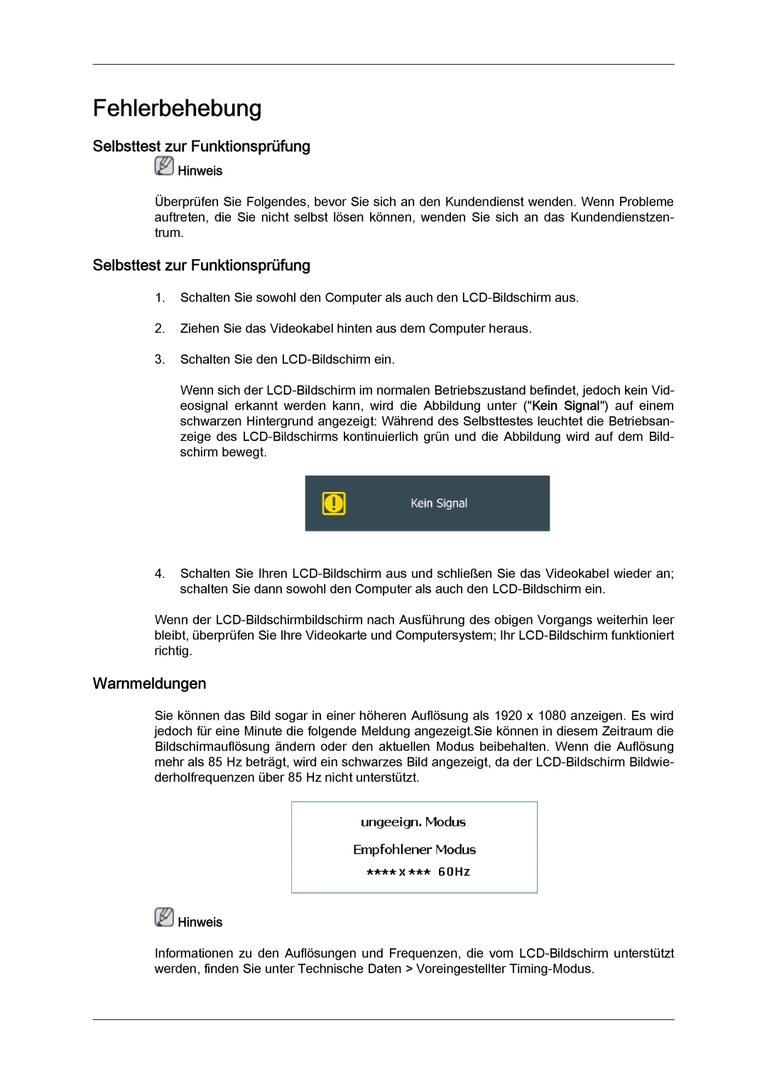 Samsung LH46CSPLBC/EN, LH40CSPLBC/EN manual Selbsttest zur Funktionsprüfung, Warnmeldungen 