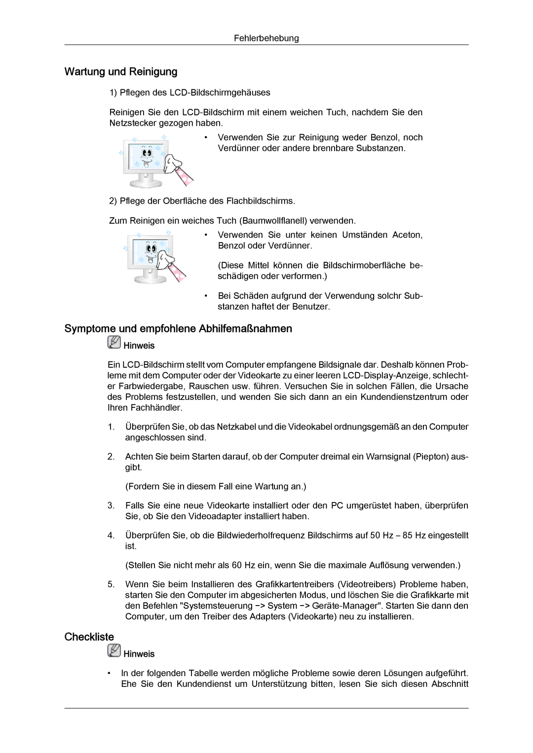 Samsung LH40CSPLBC/EN, LH46CSPLBC/EN manual Wartung und Reinigung, Symptome und empfohlene Abhilfemaßnahmen, Checkliste 