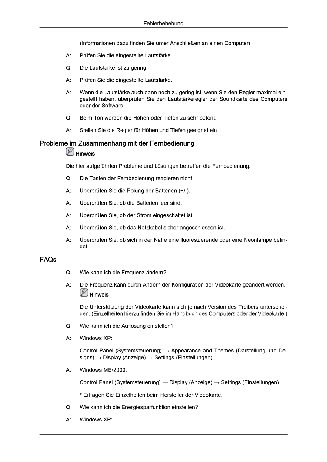 Samsung LH46CSPLBC/EN, LH40CSPLBC/EN manual Probleme im Zusammenhang mit der Fernbedienung, FAQs 