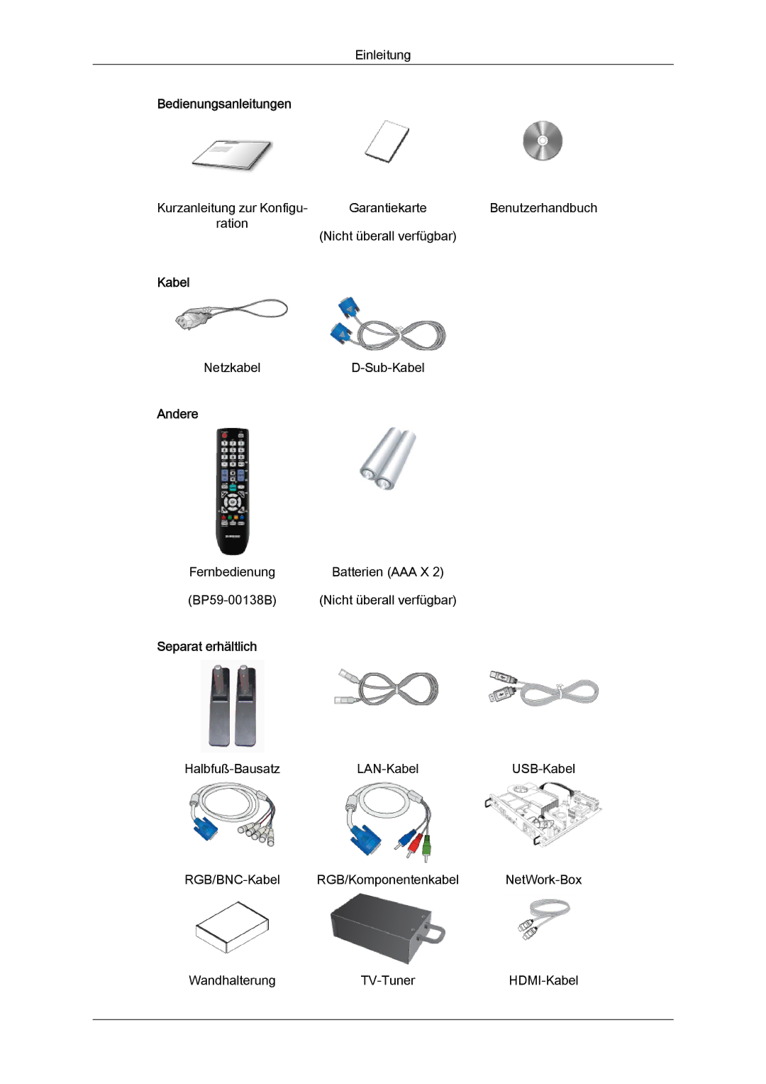 Samsung LH40CSPLBC/EN, LH46CSPLBC/EN manual Bedienungsanleitungen, Kabel, Andere, Separat erhältlich 