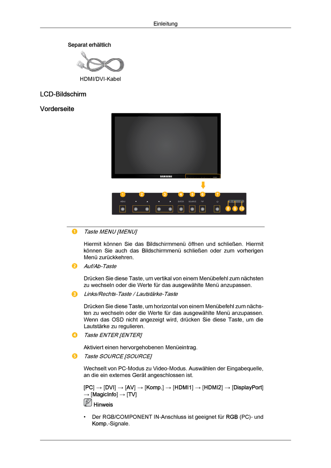 Samsung LH46CSPLBC/EN, LH40CSPLBC/EN manual LCD-Bildschirm Vorderseite, Taste Menu Menu 