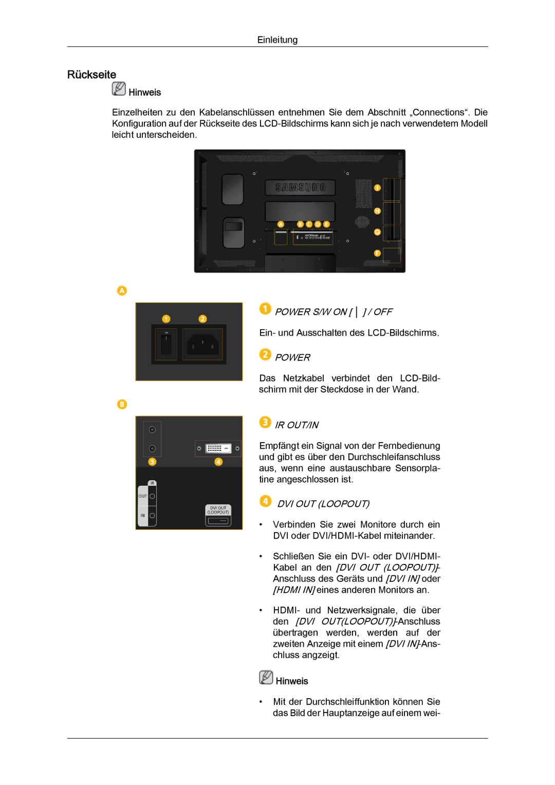 Samsung LH46CSPLBC/EN, LH40CSPLBC/EN manual Rückseite, Power, Ir Out/In, DVI OUT Loopout 