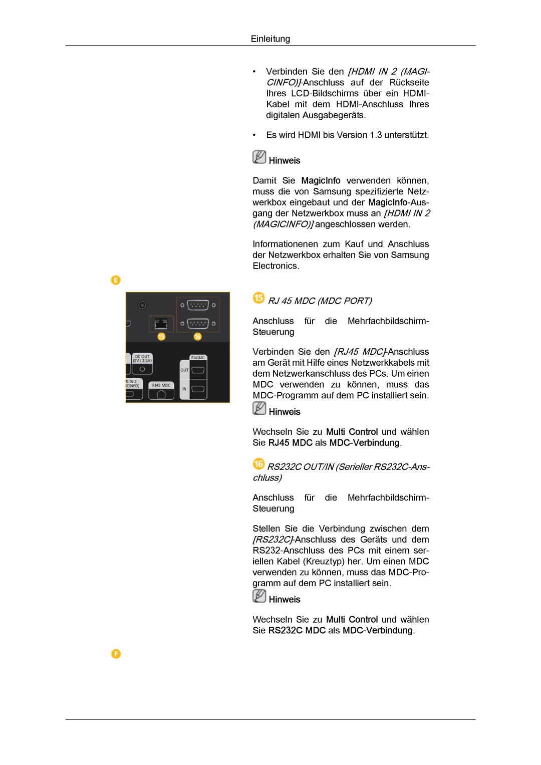 Samsung LH40CSPLBC/EN, LH46CSPLBC/EN manual RJ 45 MDC MDC Port, RS232C OUT/IN Serieller RS232C-Ans- chluss 