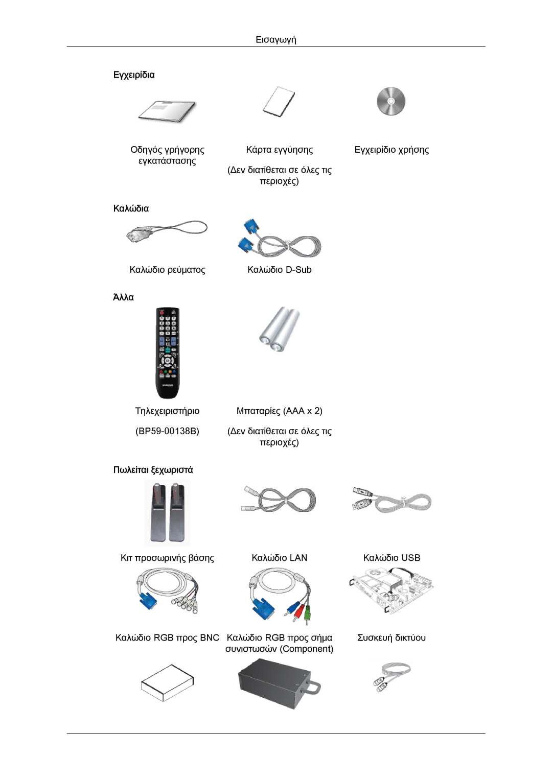 Samsung LH40CSPLBC/EN, LH46CSPLBC/EN manual Εγχειρίδια, Καλώδια, Άλλα, Πωλείται ξεχωριστά 