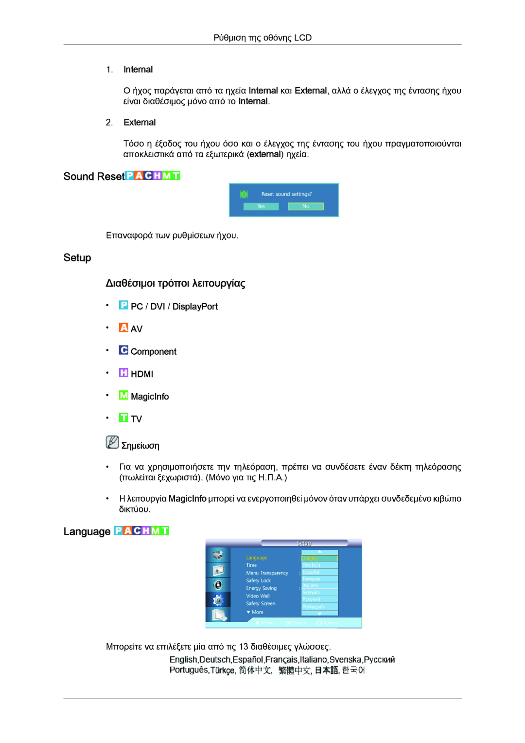 Samsung LH40CSPLBC/EN, LH46CSPLBC/EN manual Sound Reset, Setup Διαθέσιμοι τρόποι λειτουργίας, Language, Internal, External 