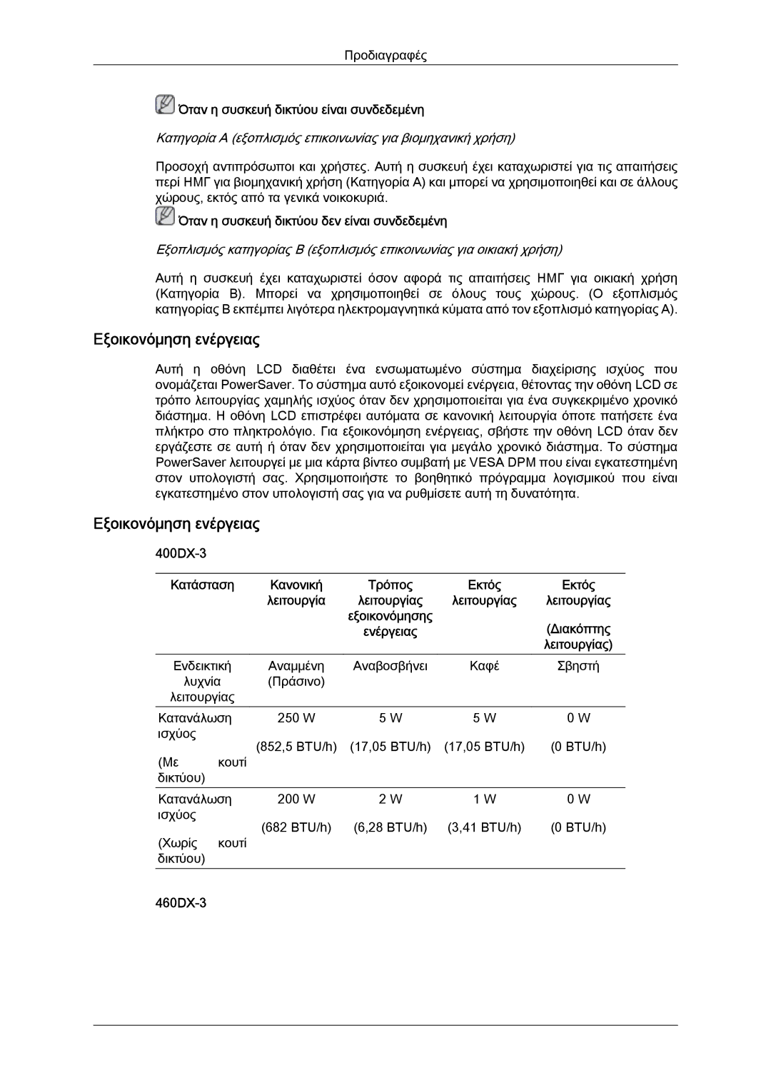 Samsung LH40CSPLBC/EN, LH46CSPLBC/EN Εξοικονόμηση ενέργειας, Όταν η συσκευή δικτύου είναι συνδεδεμένη, 400DX-3, 460DX-3 