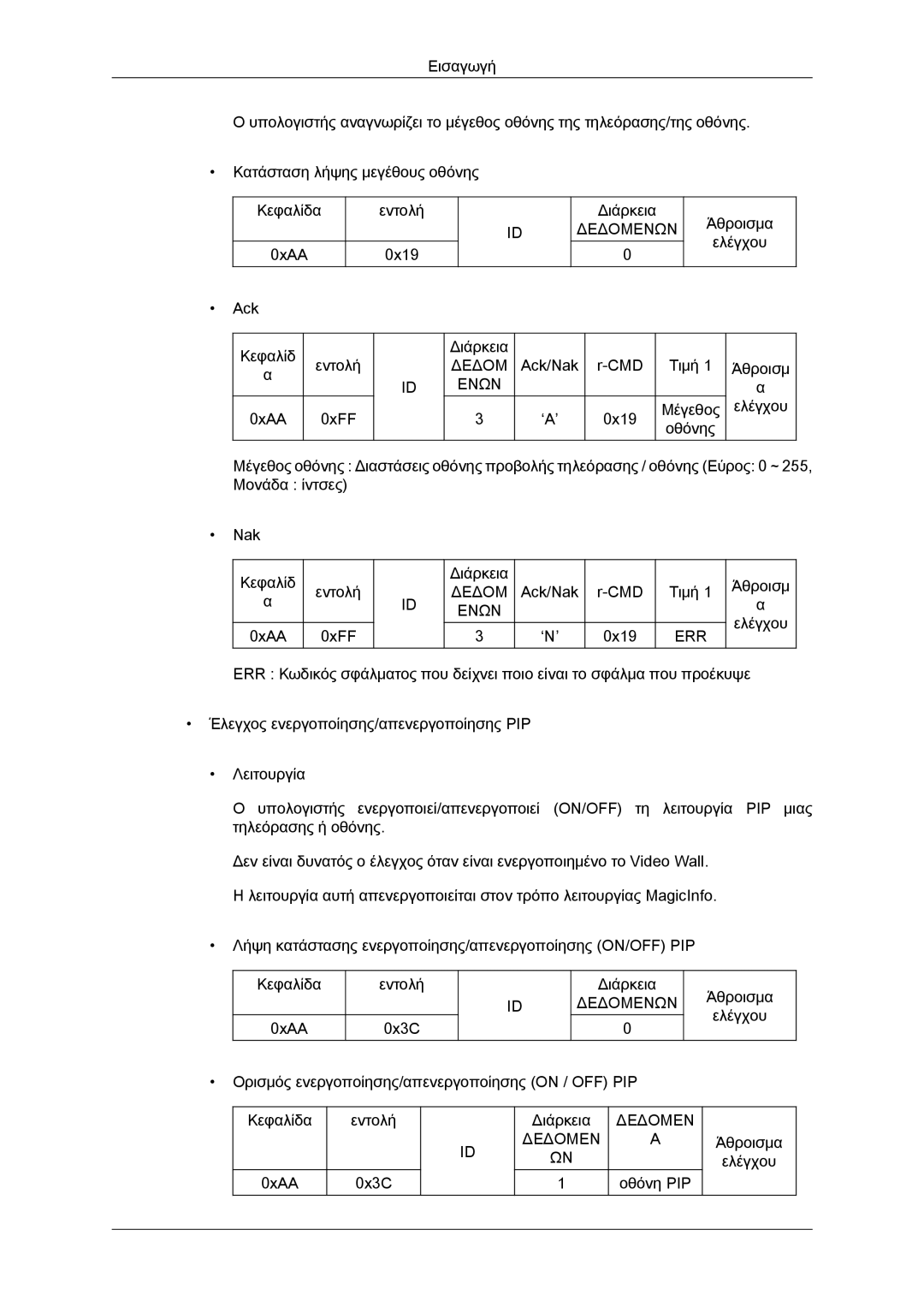 Samsung LH40CSPLBC/EN, LH46CSPLBC/EN manual 0xAA 0xFF ‘N’ 0x19 