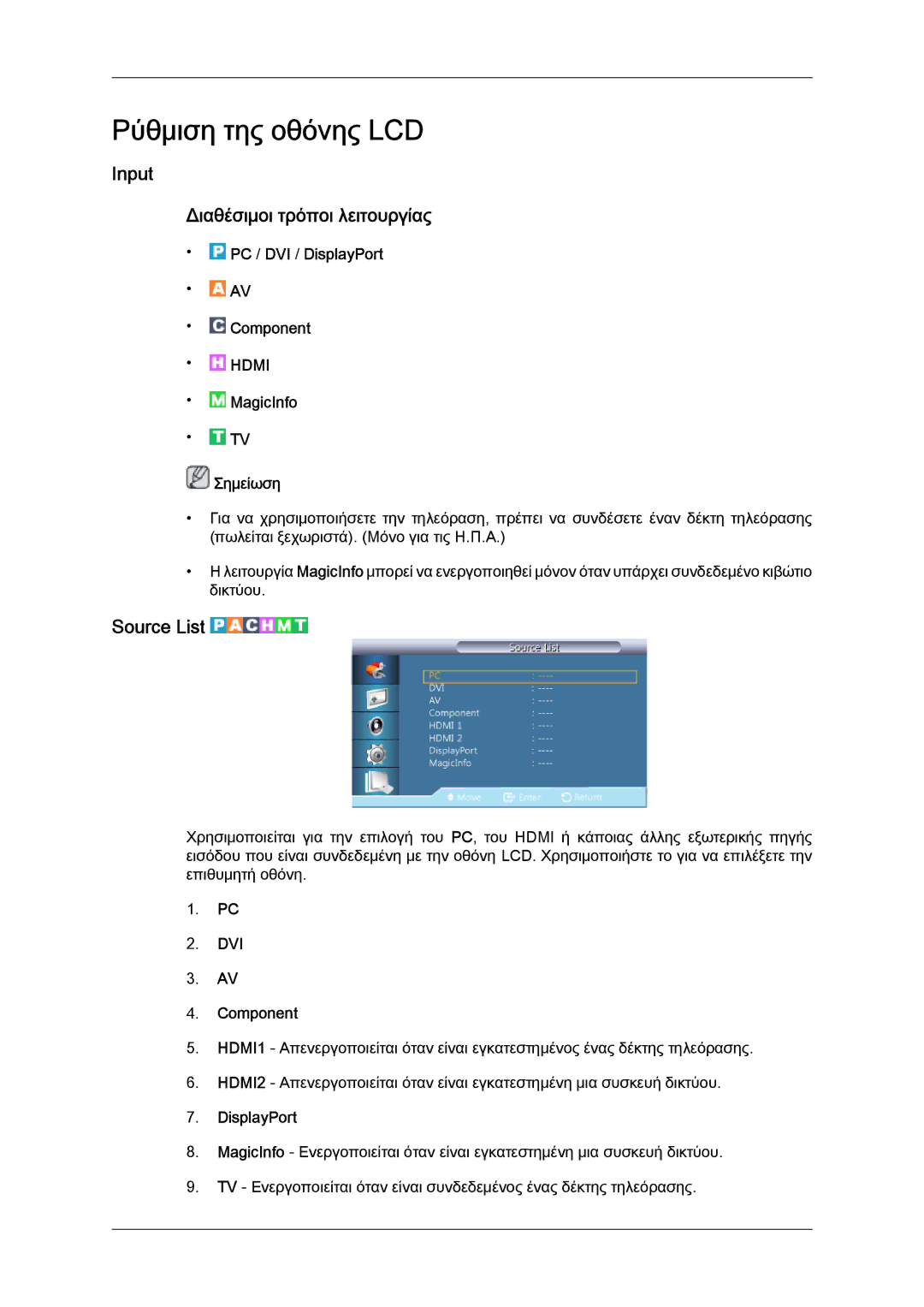 Samsung LH46CSPLBC/EN, LH40CSPLBC/EN manual Input Διαθέσιμοι τρόποι λειτουργίας, Source List 