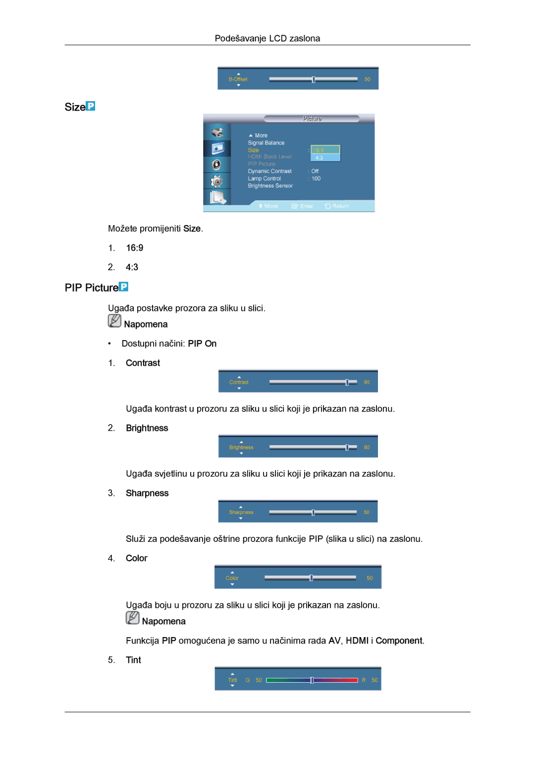 Samsung LH40CSPLBC/EN, LH46CSPLBC/EN manual PIP Picture, Color, Tint 