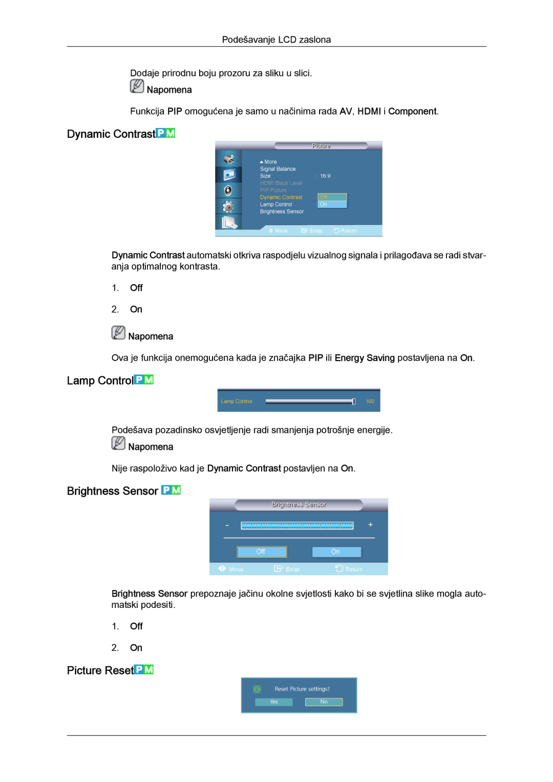 Samsung LH46CSPLBC/EN, LH40CSPLBC/EN manual Dynamic Contrast, Lamp Control, Brightness Sensor, Picture Reset, Off Napomena 