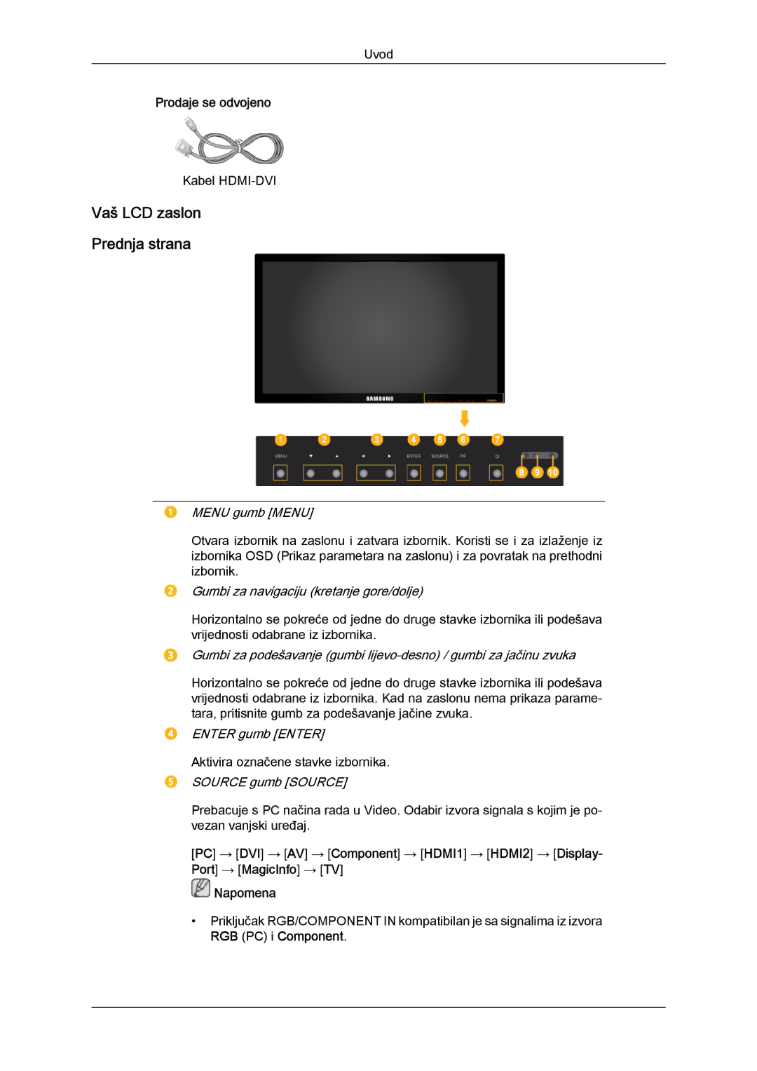 Samsung LH40CSPLBC/EN, LH46CSPLBC/EN manual Vaš LCD zaslon Prednja strana, Menu gumb Menu 