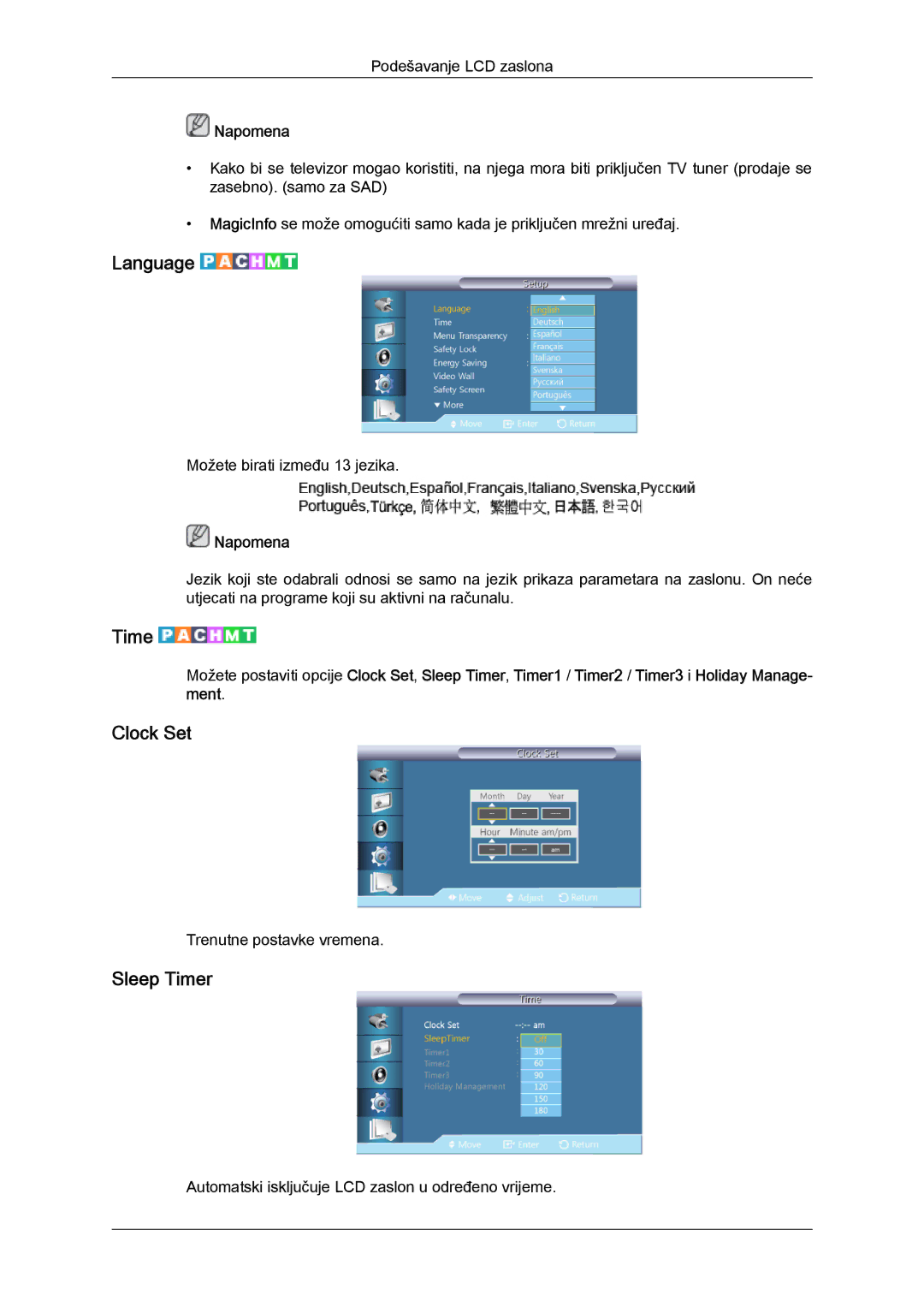 Samsung LH46CSPLBC/EN, LH40CSPLBC/EN manual Language, Clock Set, Sleep Timer 