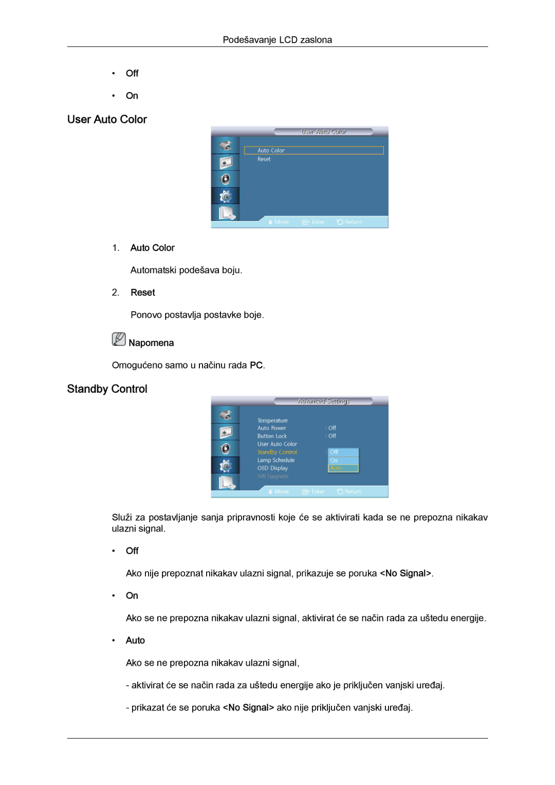 Samsung LH46CSPLBC/EN, LH40CSPLBC/EN manual User Auto Color, Standby Control 