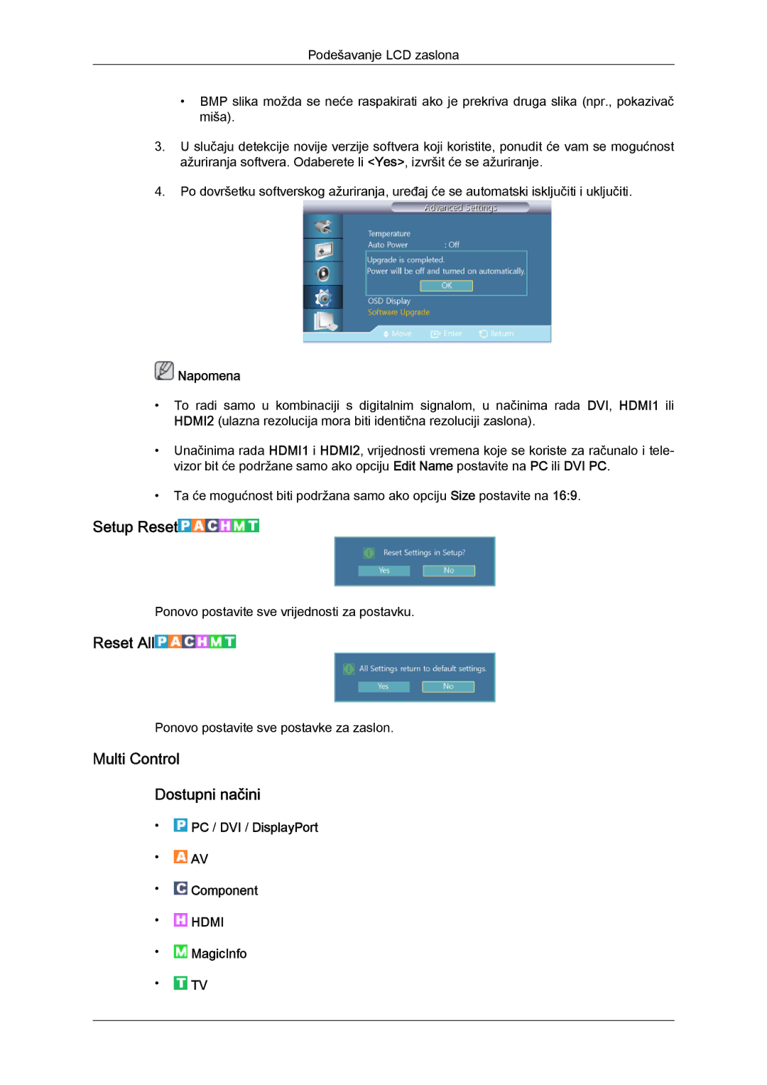 Samsung LH40CSPLBC/EN, LH46CSPLBC/EN manual Setup Reset, Reset All, Multi Control Dostupni načini 