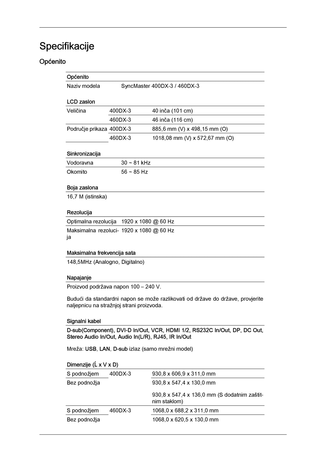 Samsung LH40CSPLBC/EN, LH46CSPLBC/EN manual Općenito 